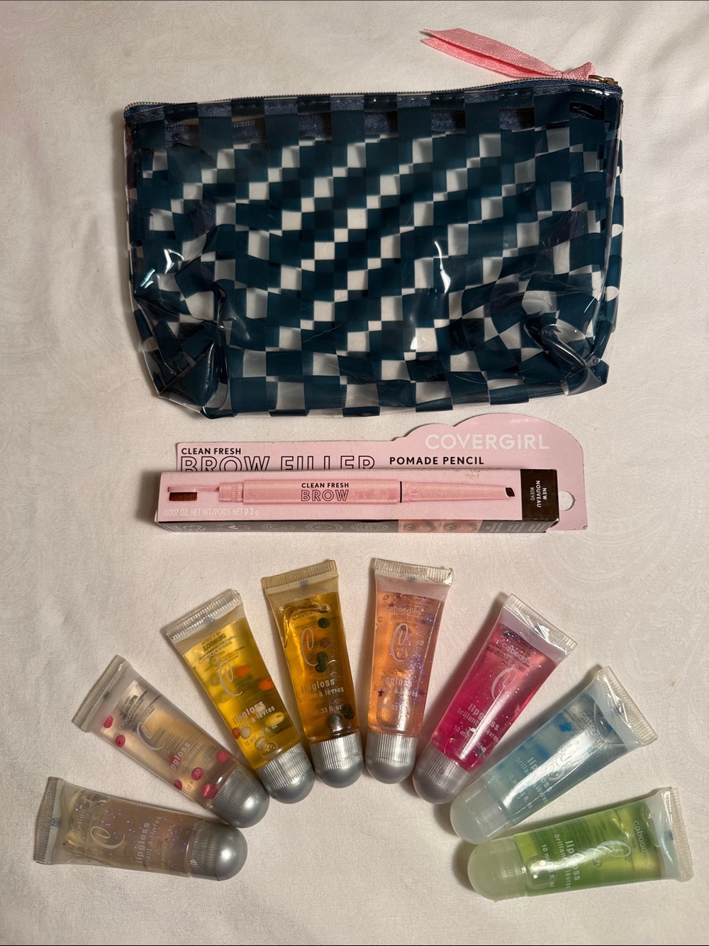 NEW Checkered Cosmetic Pouch w Multicolor Lip Gloss Set & Dark Brown brow pomade